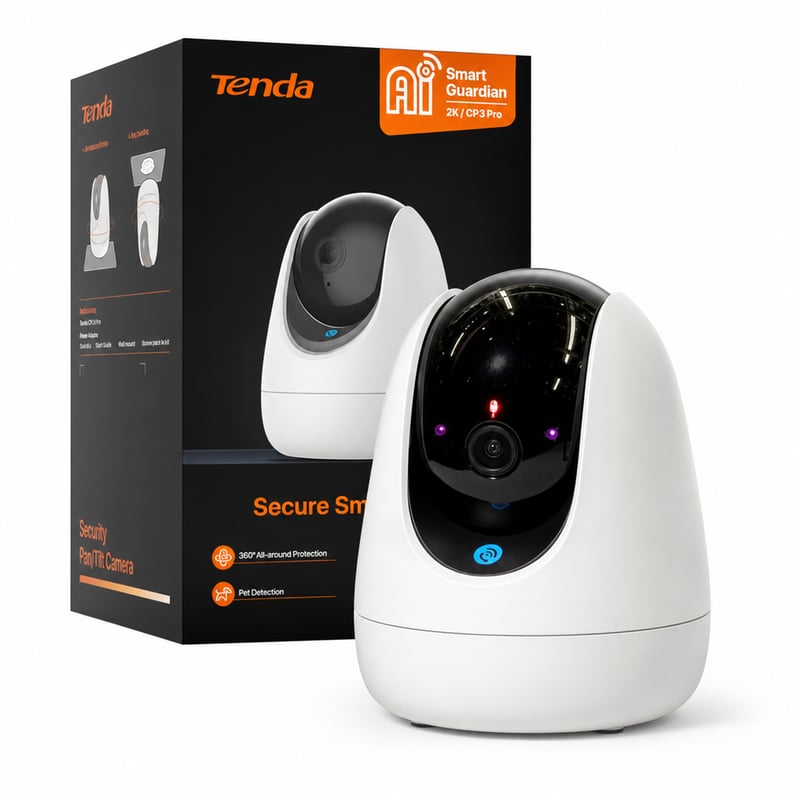 Vnútorná bezpečnostná WiFi 6 kamera Tenda CP3 Pro 2K, otáčateľná o 360° — chybná, na náhradné diely: Produkt sa zapne (stav: pozri 2. obrázok)