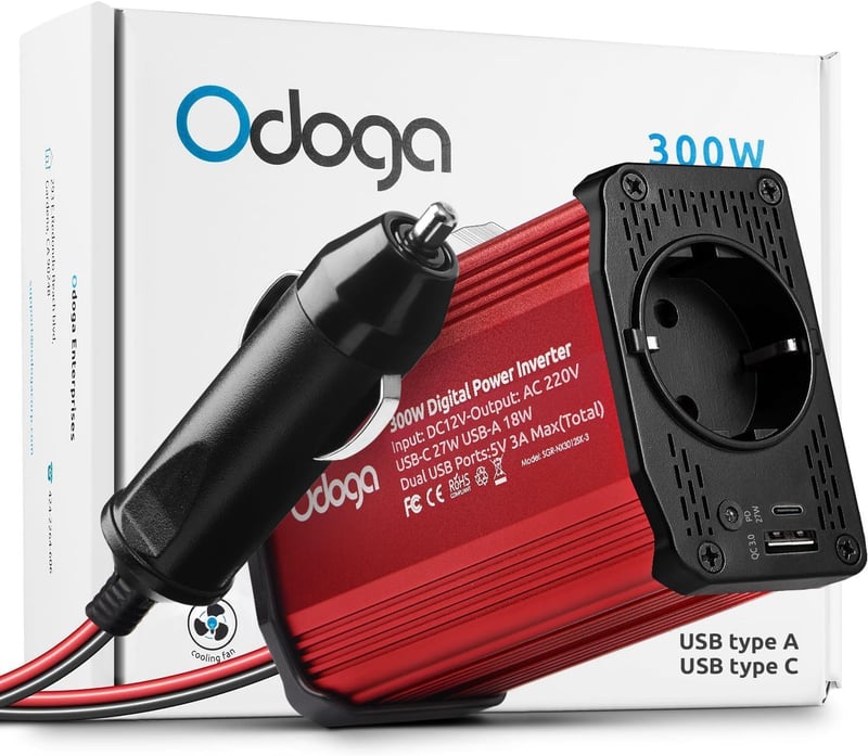 Odoga 300W autós feszültségátalakító 12V-ról 220V-ra, 2 USB porttal - szivargyújtós adapter