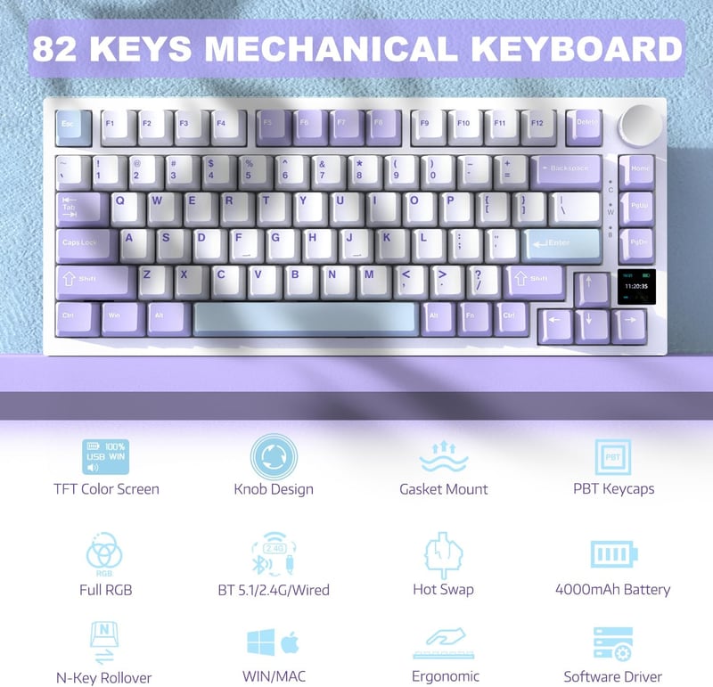 AJAZZ AK820PRO 75% TKL Mechanikus Gamer Billentyűzet - Vezeték Nélküli/Bluetooth/USB-C, RGB Háttérvilágítás, TFT Kijelző, Hotswap
