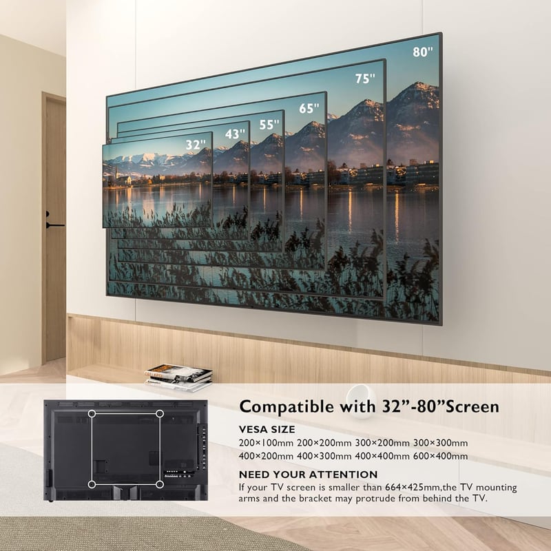 Bontec TV Fali Tartó 32-80 Colos Lapos és Ívelt Képernyőkhöz, Dönthető-Forgatható, 60 kg Teherbírás, VESA 600x400 mm Kompatibilis