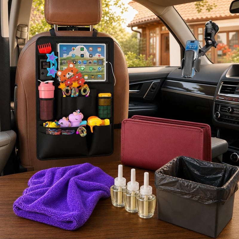 Pachet Îngrijire Auto: lavetă uscare + coș gunoi + organizator scaun + 3 rezerve parfum + suport telefon