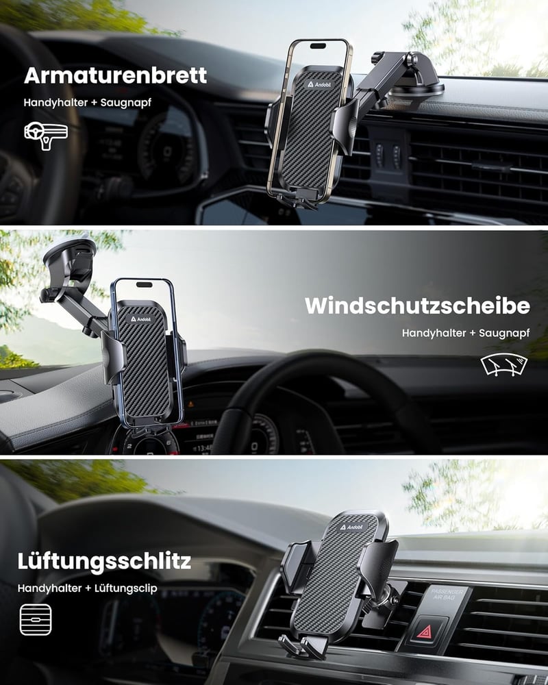 andobil 3-in-1 Univerzális Autós Telefontartó - Szellőzőrácsra és Szélvédőre, Karbon Fekete, iPhone Samsung Huawei Xiaomi Kompatibilis