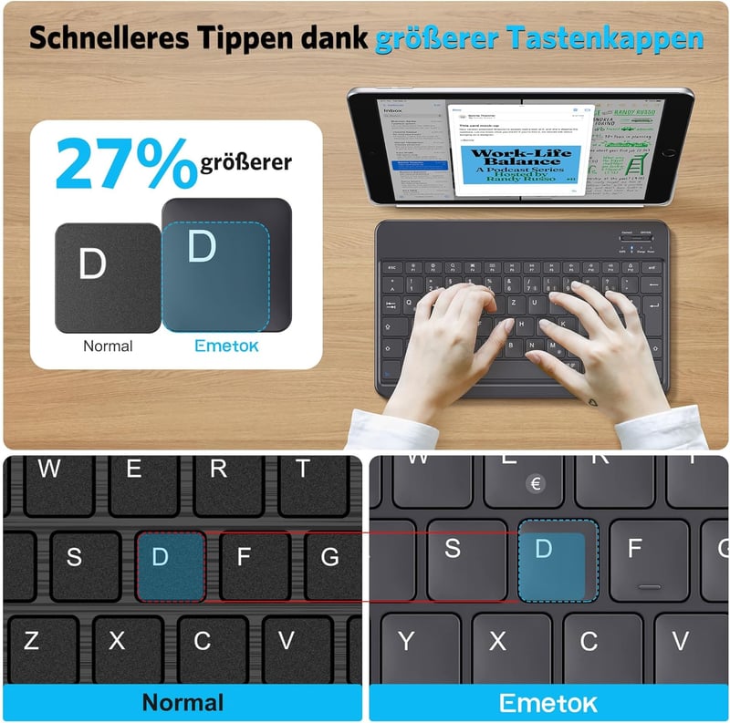 Emetok Német QWERTZ Bluetooth Billentyűzet iPad/iPhone/Android Készülékekhez, Nagyobb Billentyűkkel, Újratölthető, Ultravékony, Fekete