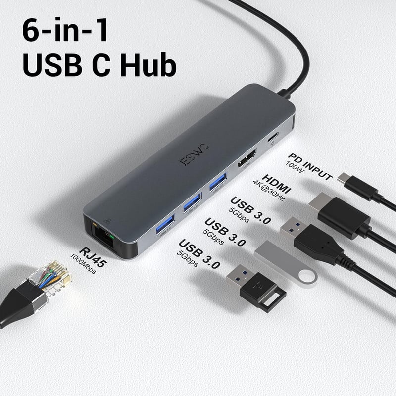 JESWO 6 az 1-ben USB-C Hub: 4K HDMI, Ethernet, 100W PD, MacBook és iPad Pro kompatibilis