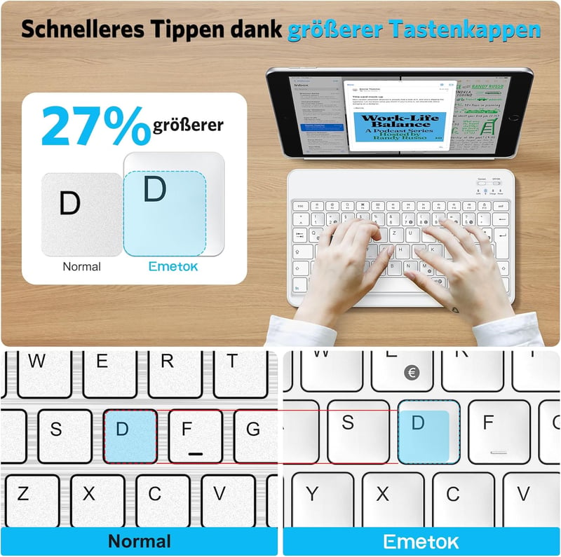 Emetok Német QWERTZ Bluetooth Billentyűzet iPad/iPhone/Samsung/Android Készülékekhez - Ultravékony, Újratölthető, Vezeték Nélküli, Fehér