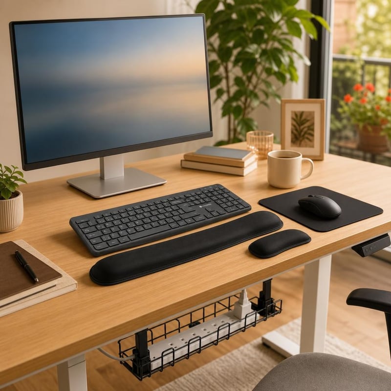 Kit Home Office: tastatură și mouse wireless + mousepad + suport încheietură cu gel