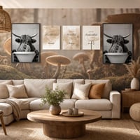 Galerija zidnih dekoracija: 2x okvir tamni hrast + slika krave + 3x platno + foto pozadina gljive 1