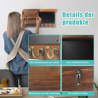 SHTALHST Fa Kulcstartó Polccal - 40x22 cm Vintage Fali Kulcsszekrény 9 Akasztóval, Levéltartóval és Mini Táblával, Előszobai Rendszerező 5