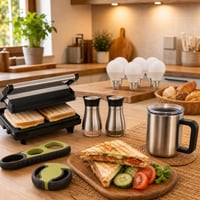 Kuhinjski set za doručak: 6x LED žarulja + kontaktni roštilj + soljenka/paprenka + termos šalica + 2x otvarač 1