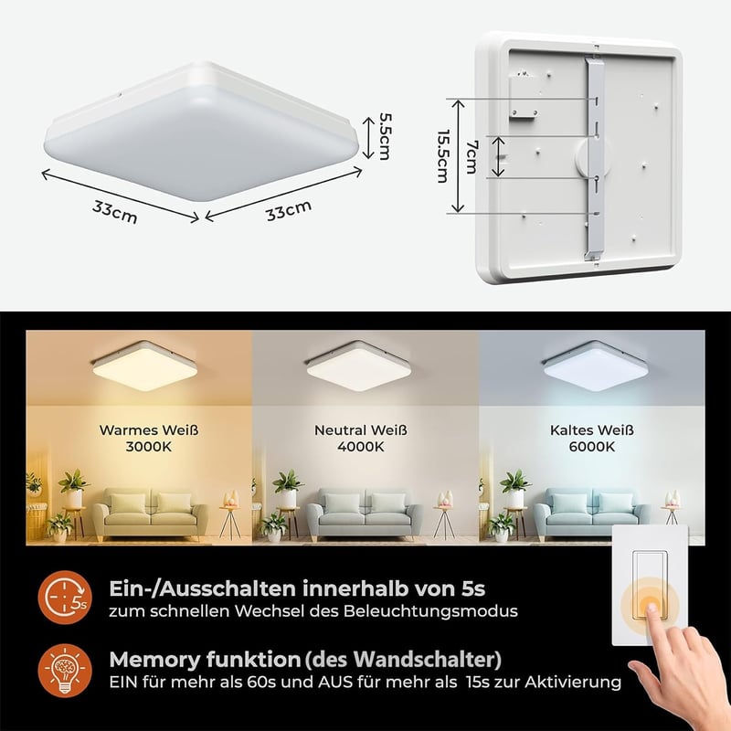 BLNAN LED Mennyezeti Lámpa 36W - Távirányítós, Szabályozható Fényerejű, IP54 Vízálló, 3000K-6500K, 3600lm, Modern Fehér, 35cm