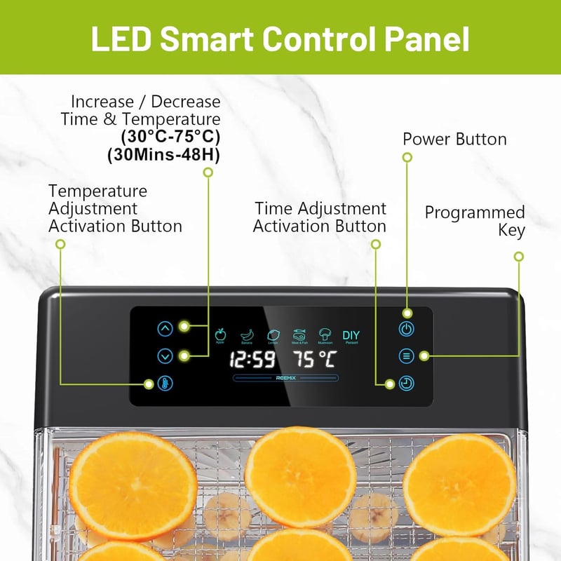 Reemix Aszaló 8 Szintes, 600W Teljesítményű, LED Kijelzős Gyümölcsszárító 30-75°C Hőmérséklet Szabályozással, 48 Órás Időzítővel, Mosogatógé
