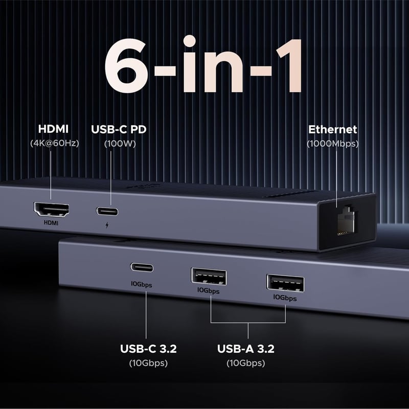 UGREEN Revodok Pro 10Gbps USB-C Hub HDMI 4K@60Hz Ethernet Adapter - 2 USB-A 3.2 és USB-C 3.2 porttal iPhone 16, iPad, MacBook, Mac Mini M4, 