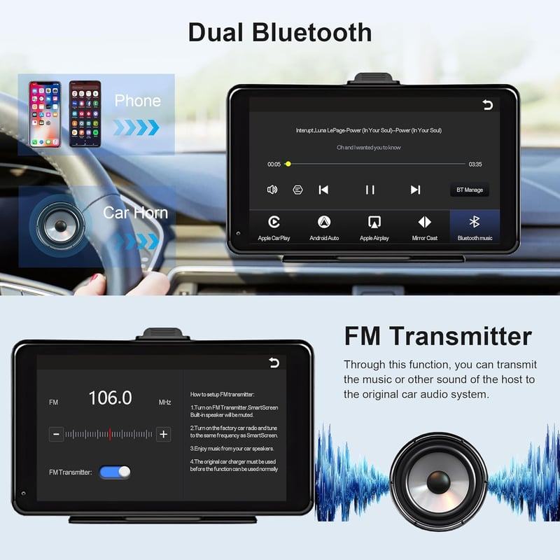 Rimoody Vezeték Nélküli CarPlay és Android Autórádió, 7" Érintőképernyős, Dual Bluetooth, FM Adó, Hangvezérlés, AUX/USB/TF, 7-32V