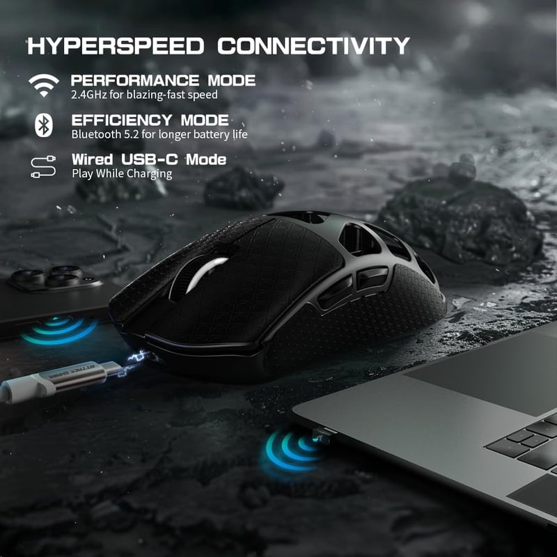 ATTACK SHARK R3PRO Ultrakönnyű Gamer Egér, 46g Magnézium Ház, 8000Hz Vezeték Nélküli, 26000 DPI, PixArt PAW3395 Szenzor, Spirál Kábel, PC/Mac