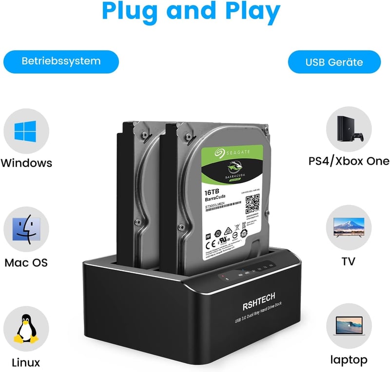 RSHTECH USB 3.0 Alumínium HDD/SSD Dokkoló - 2 Férőhelyes, Klónozó, 2x16TB