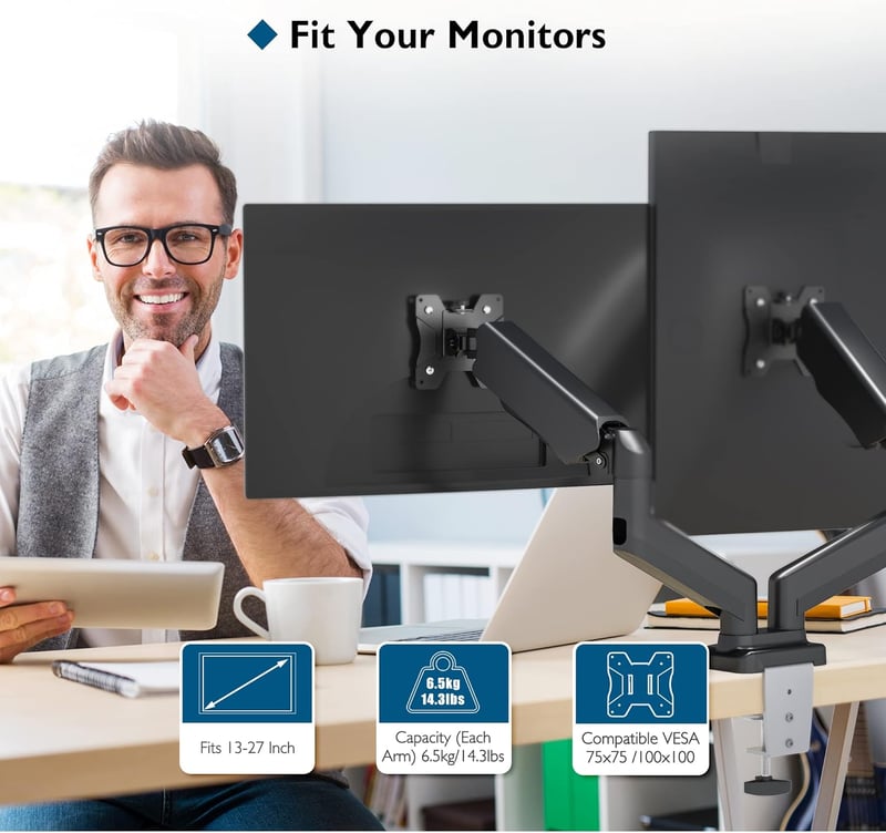 BONTEC Dupla Monitortartó Kar 13-27 Colos LED LCD Képernyőkhöz, Gázrugós, Állítható, Forgatható VESA Konzol, C-Bilinccsel, 6,5 kg Teherbírás