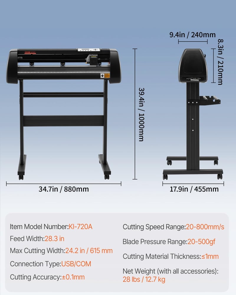 VEVOR Vinyl Vágógép 720mm Adagolási Szélességgel, 800mm/s Sebességű Fóliavágó Plotter, 3mm Vágási Vastagság, Signcut & Signmaster Szoftverre