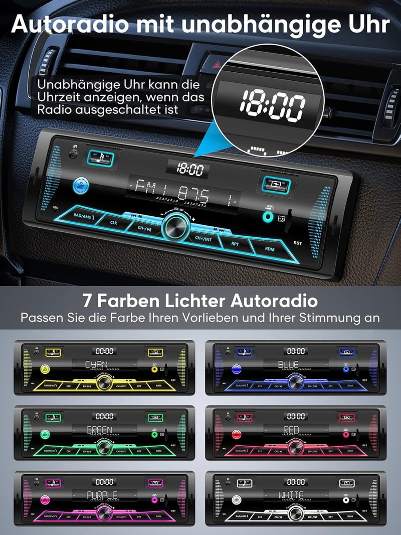 CAR Bluetooth autórádió 7 színű LCD kijelzővel, 4x65W, FM/AM/USB/AUX