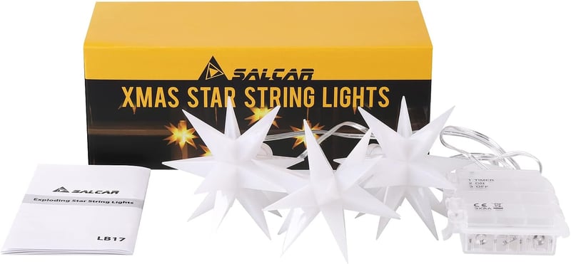 SALCAR 3D LED Karácsonyi Csillag Szett - 3 db Vízálló Beltéri/Kültéri Dekoráció, Elemes Meleg Fehér Világítás, Ablakdísz