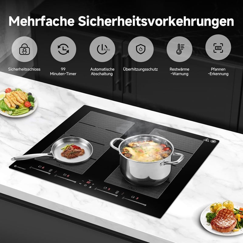 AMZCHEF 60 cm-es Indukciós Főzőlap 2 Flex Zónával, 4 Főzőmezős, 9 Teljesítményszint + Booster, BBQ és Melegen Tartó Funkcióval, 7400W