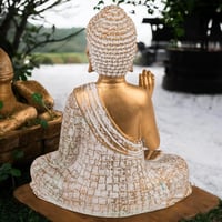 MIJOMA Arany-Fehér Vintage Buddha Szobor 21 cm Méretben Polirezinből, Mécses Tartóval - Spirituális Lakásdekoráció, Elegáns Ajándék 4