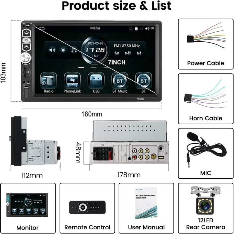 Hikity 1 DIN Autórádió 7" Érintőképernyővel - Vezetékes CarPlay, Android Auto, Bluetooth Kihangosító, Tolatókamera, FM Rádió