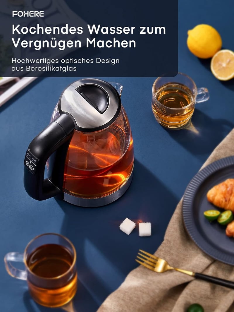 FOHERE üveg vízforraló 5 hőfokbeállítással, LED-del, melegen tartó funkcióval, 1.7L