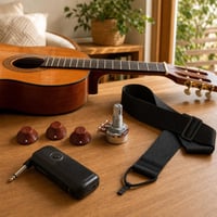 Akkordvarázs indító: 10k potméter + 3 db fa gomb + gitárhangszíj + Bluetooth zseberősítő 1