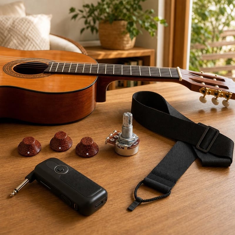 Akkordvarázs indító: 10k potméter + 3 db fa gomb + gitárhangszíj + Bluetooth zseberősítő