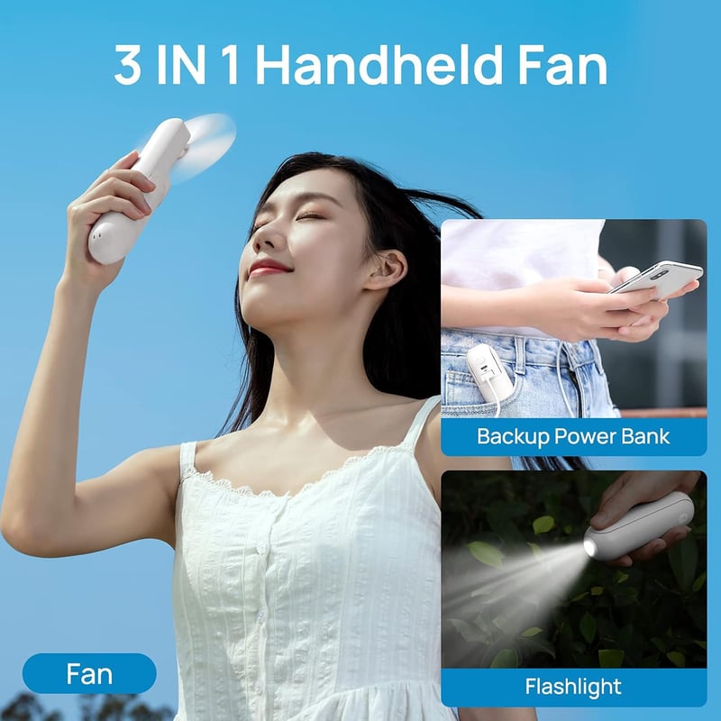 JISULIFE Összecsukható Kézi Ventilátor USB-s Töltéssel, Powerbank és LED Lámpa Funkcióval - Fehér