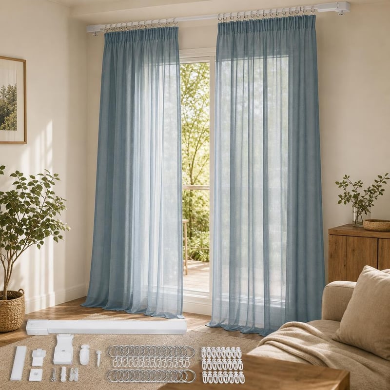 Set za zavjese: stropna vodilica 60–140 cm + 50+50 kom. prstena i kukica + 2 kom. voile zavjesa 140×225 cm