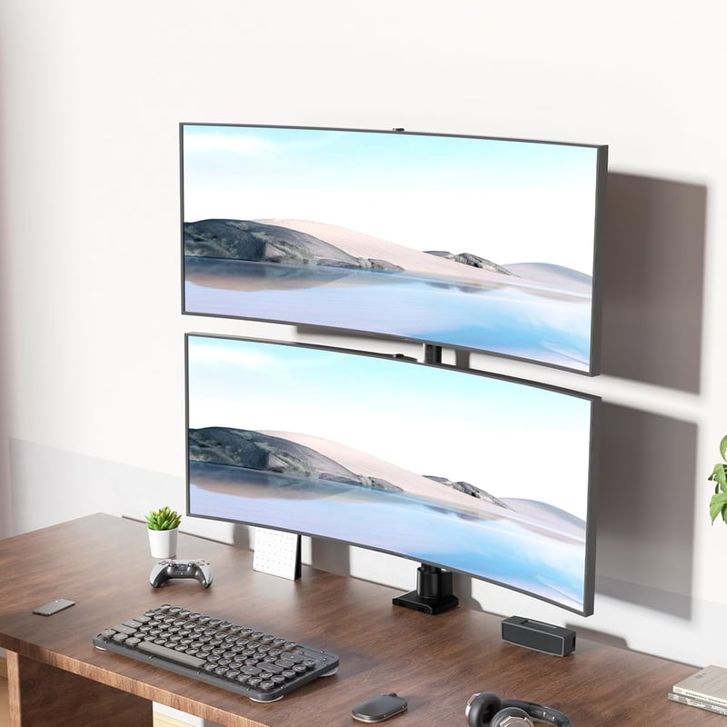 Pro Monitor tartó 2 monitorhoz egymás felett, 24-57 hüvelykes lapos és ívelt képernyőkhöz, 2-27 kg teherbírás karonként, állítható magasság, VES
