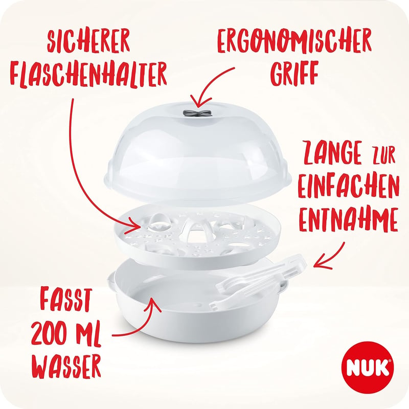 NUK Micro Express Plus Mikrohullámú Cumisüveg Sterilizáló - Gyors Fertőtlenítés 5 Percen Belül, Fehér, 570g, Babáknak
