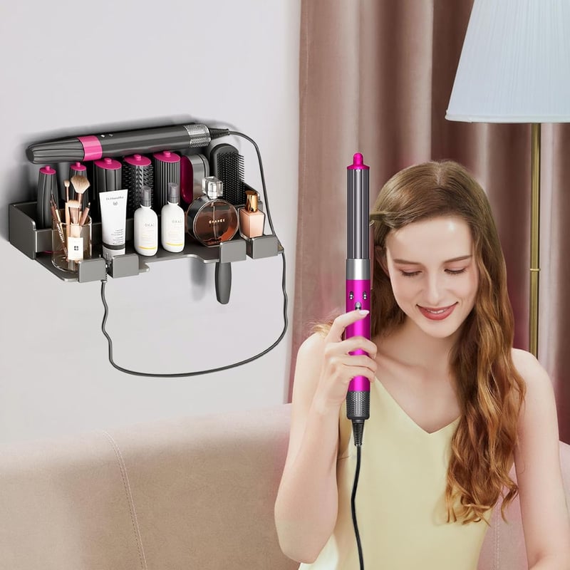 W&H Hajszárító Tartó Fali Fúrás Nélküli Rozsdamentes Acél Állvány Dyson Airwrap Styler Hajformázókhoz - Fekete