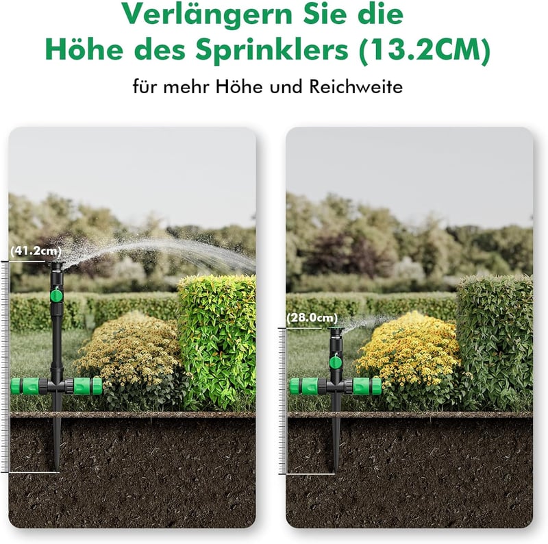 RESTMO Kerti Öntözőrendszer 10M  - 360° Állítható Locsoló Földi Tüskével, Gyorscsatlakozós Szett  - Gartensprinkler & Schlauch-Set, Green
