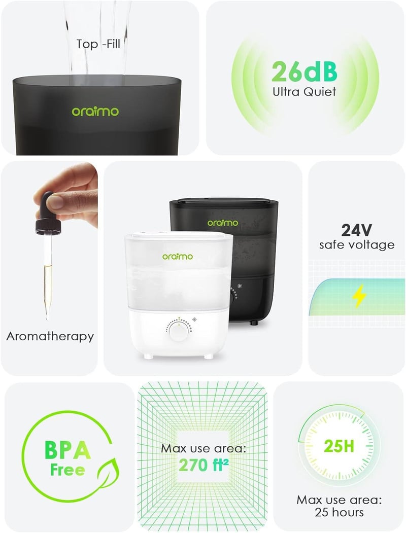 Oraimo 2.5L Ultrahangos Párásító Illóolaj Diffúzorral és Éjszakai Fénnyel