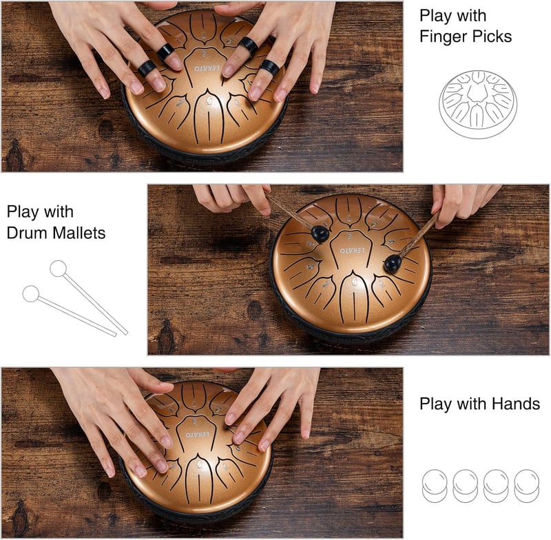 LEKATO 6" Acél Tongue Drum – 11 Hang, D Hangnem, Arany Gyöngyház, Tárolótáskával, Relaxációhoz és Hangterápiához
