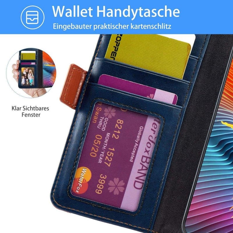iPhone 13 5G Bőr Pénztárca Tok Kártyatartóval, Kitámasztóval - Farmerkék-Barna
