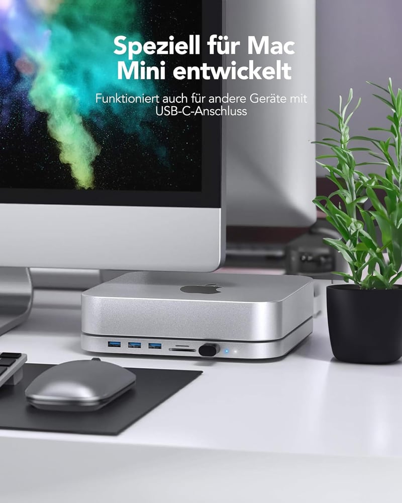 AGPTEK Type-C Hub Mac Mini M1 M2 Dokkoló Állomás - NVMe/SATA SSD Bővítőhely, Kártyaolvasó, USB Portok, Ezüst