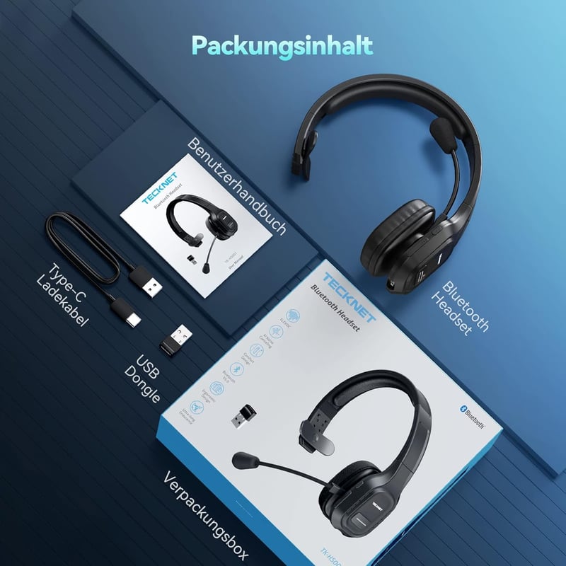 TeckNet Bluetooth fejhallgató mikrofonnal, zajszűrős, töltőállomásos, Skype-kompatibilis