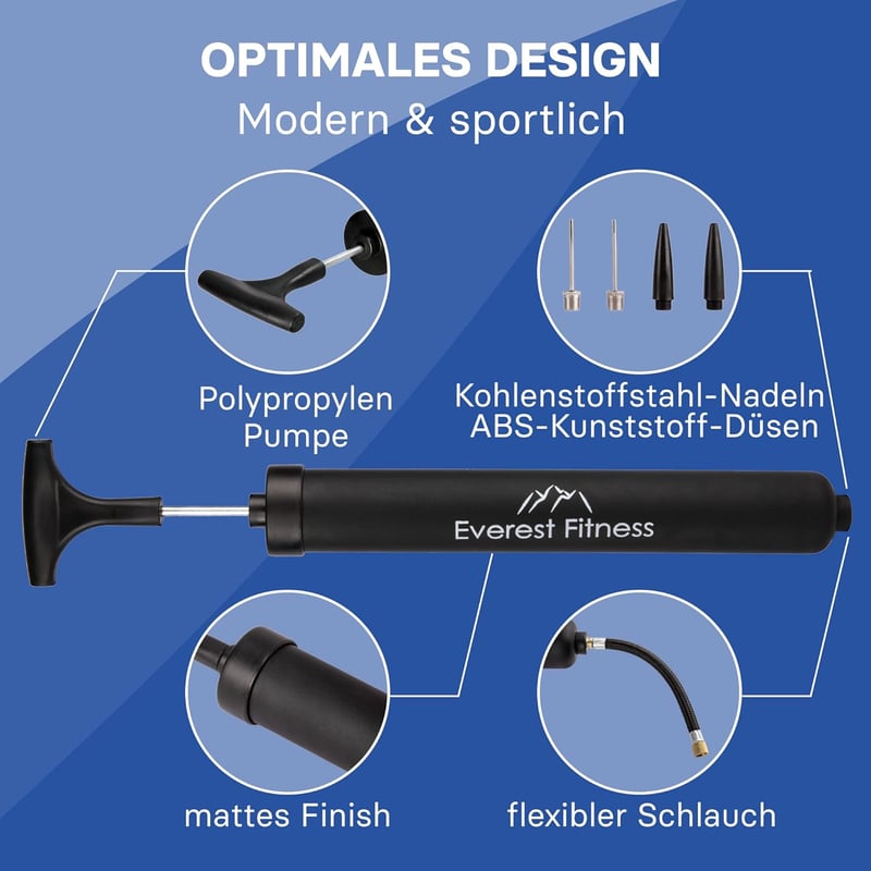 EVEREST FITNESS Labdapumpa 30 cm - Kézi Pumpa Futball, Kosárlabda, Röplabda és Kerékpár Felfújásához, 2 Tűvel és Levehető Csővel, 100g