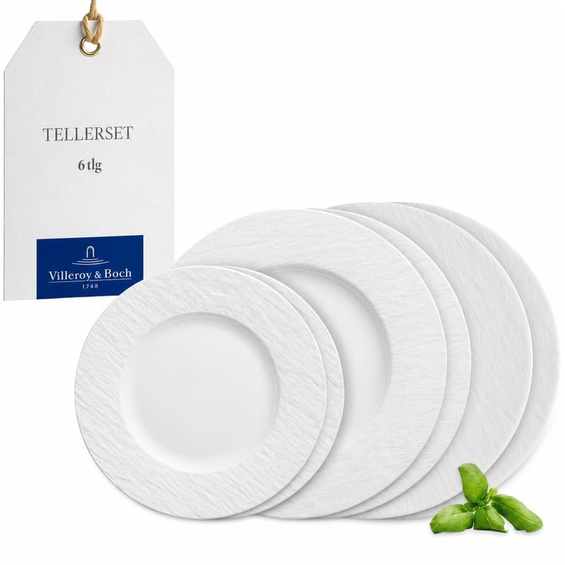 Súprava bielych porcelánových tanierov Villeroy & Boch Manufacture Rock Blanc pre 2 osoby, vhodná do umývačky riadu a mikrovlnnej rúry — 5-dielna súprava