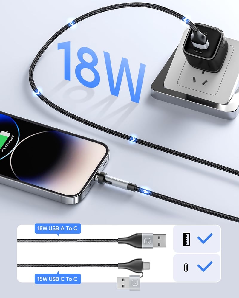 KUULAA 6 az 1-ben mágneses töltőkábel, 360°-os, USB-C/A, 2m, gyorstöltés