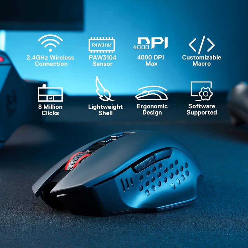 Redragon M656 Gainer vezeték nélküli gamer egér, 4000 DPI, 7 makrógomb, piros LED