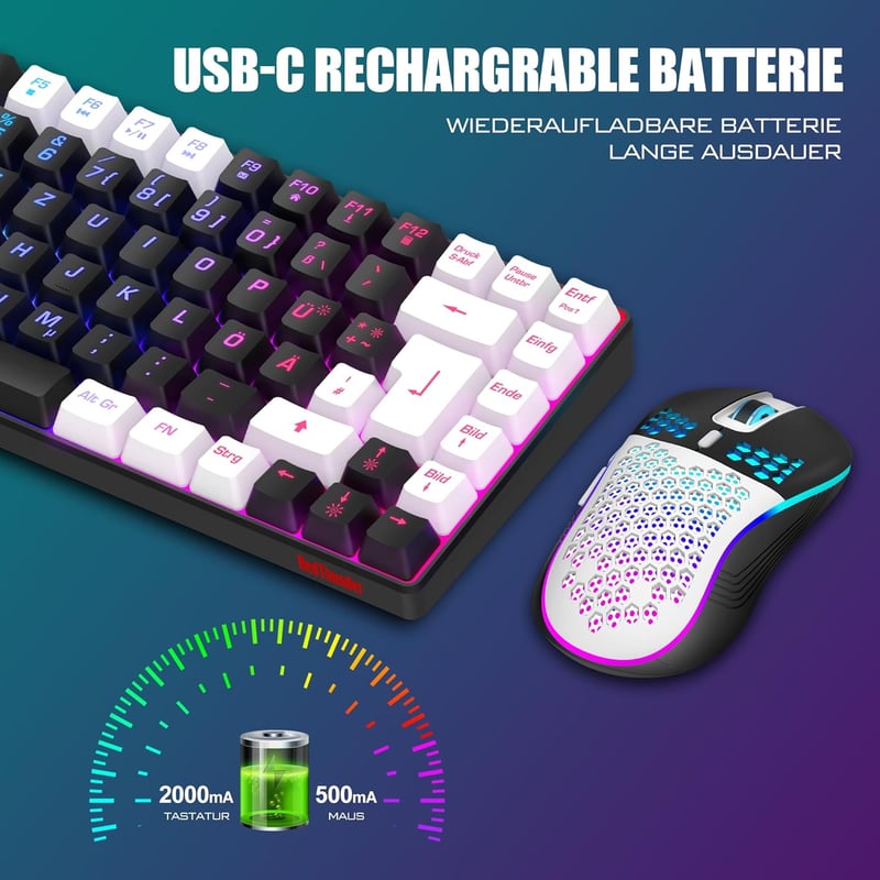 RedThunder 75% Vezeték Nélküli Gamer Billentyűzet és Egér Szett, DE TKL Elrendezés, Újratölthető, Ultrakönnyű 7200DPI Méhsejt Egér, PC/Mac/P