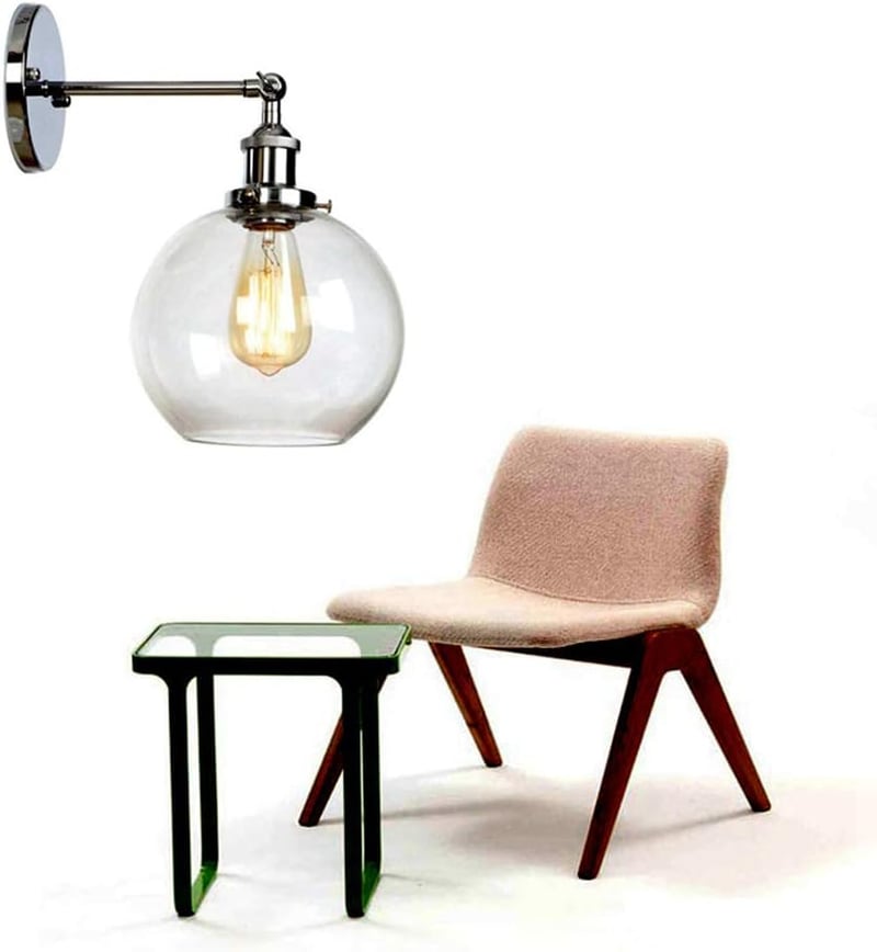 HJXDtech Ipari Vintage Fali Lámpa - Króm Tartókonzol, Átlátszó Üveg Búra, E27 Foglalat, 40W, Vízálló, Gömb Dizájn Fürdőszobába, Folyosóra