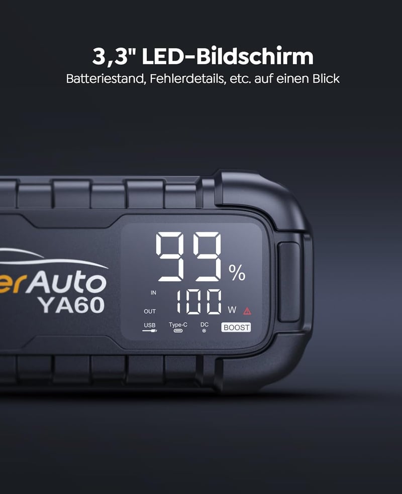 YaberAuto 6000A Autós Indításrásegítő Powerbank, 26800mAh, 65W USB-C PD, 600 Lumen LED Lámpa, Benzin és 12L Dízel Motorokhoz