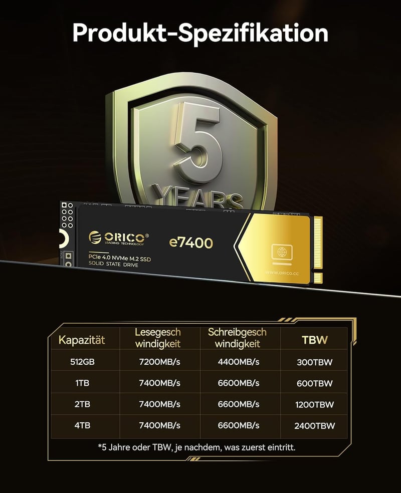 ORICO 1TB NVMe SSD M.2 PCIe 4.0 - 7400MB/s Belső SSD Meghajtó, Arany, Kompatibilis Windows, macOS és PS5 Rendszerekkel, Játékosoknak