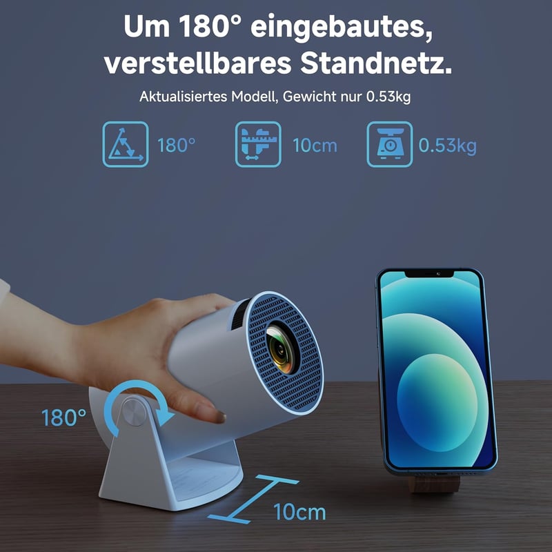 Polocsh Mini Projektor WiFi 6 és BT 5.2 - 720P Full HD, Automata Keystone Korrekció, 180° Forgatható, 130" Képméret, Android 11.0 - Telefon/