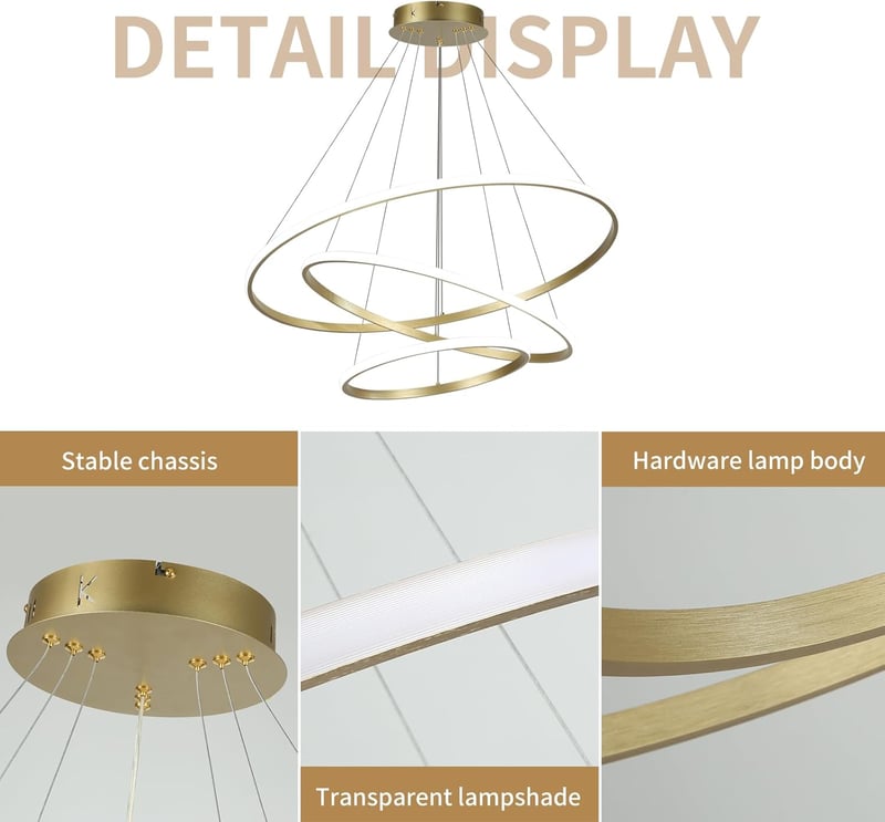 minifair LED Függőlámpa - Szabályozható Fényerejű 3 Gyűrűs Arany Csillár 20+40+60cm, 52W - Modern Akril Mennyezeti Lámpa Étkezőbe, Nappaliba